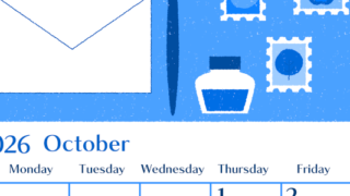 2026年10月縦型日曜始まり 手紙イラストのおしゃれA4無料ブルーのカレンダー(2026-00901010)