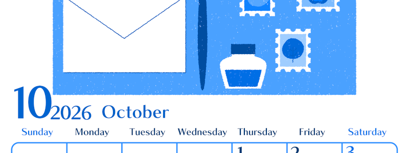 2026年10月縦型日曜始まり 手紙イラストのおしゃれA4無料ブルーのカレンダー(2026-00901010)