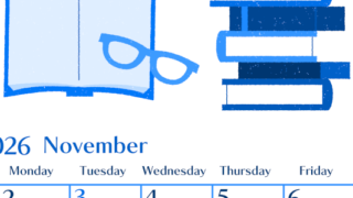 2026年11月縦型日曜始まり 読書イラストのおしゃれA4無料ブルーのカレンダー(2026-00901110)