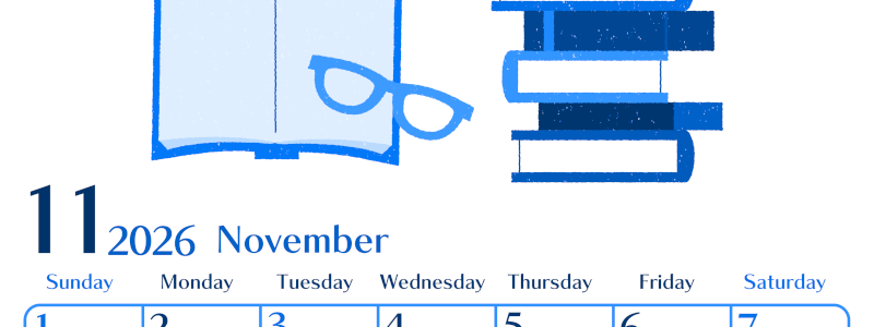 2026年11月縦型日曜始まり 読書イラストのおしゃれA4無料ブルーのカレンダー(2026-00901110)
