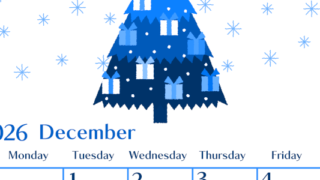 2026年12月縦型日曜始まり クリスマスツリーイラストのおしゃれA4無料ブルーのカレンダー(2026-00901210)