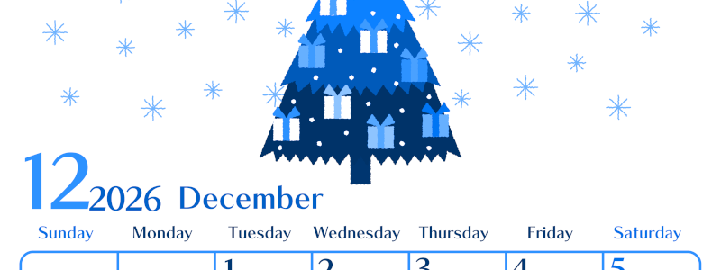 2026年12月縦型日曜始まり クリスマスツリーイラストのおしゃれA4無料ブルーのカレンダー(2026-00901210)