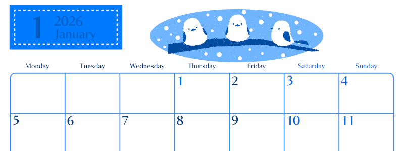 2026年1月横型月曜始まり イラストのおしゃれA4無料ブルーのカレンダー(2026-00900101)