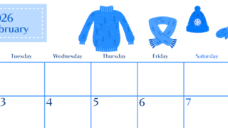 2026年2月横型月曜始まり イラストのおしゃれA4無料ブルーのカレンダー(2026-00900201)