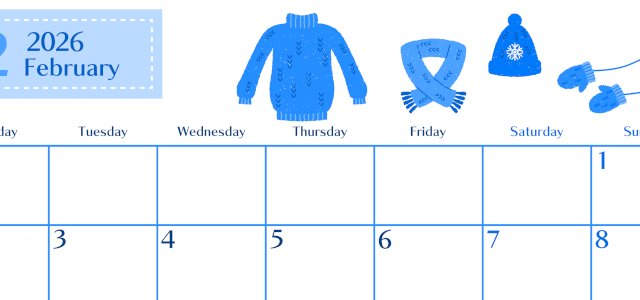 2026年2月横型月曜始まり イラストのおしゃれA4無料ブルーのカレンダー(2026-00900201)