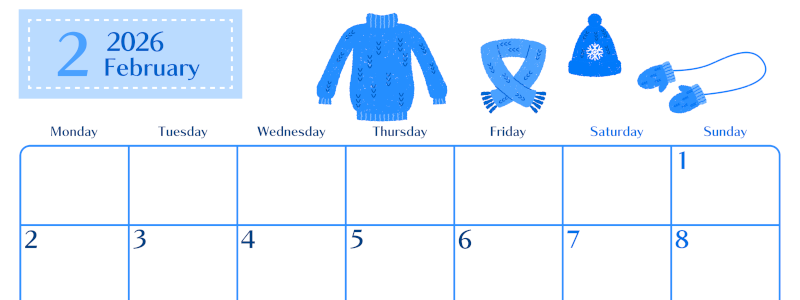 2026年2月横型月曜始まり イラストのおしゃれA4無料ブルーのカレンダー(2026-00900201)