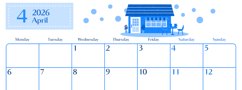 2026年4月横型月曜始まり 新生活イラストのおしゃれA4無料ブルーのカレンダー(2026-00900401)