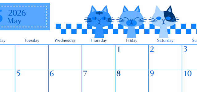 2026年5月横型月曜始まり 猫たちイラストのおしゃれA4無料ブルーのカレンダー(2026-00900501)