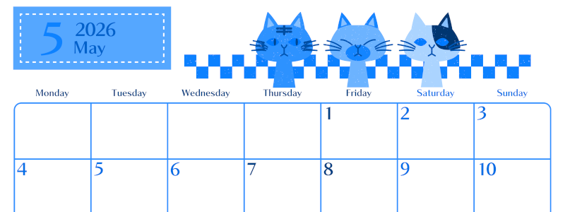2026年5月横型月曜始まり 猫たちイラストのおしゃれA4無料ブルーのカレンダー(2026-00900501)