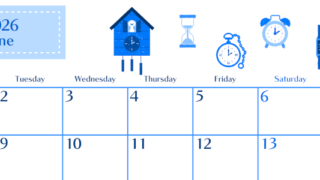2026年6月横型月曜始まり 時計イラストのおしゃれA4無料ブルーのカレンダー(2026-00900601)