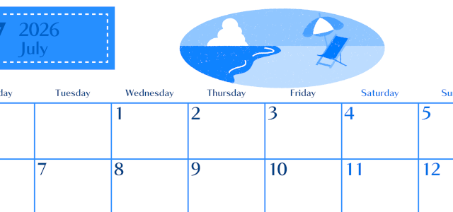 2026年7月横型月曜始まり  バカンスイラストのおしゃれA4無料ブルーのカレンダー(2026-00900701)