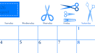 2026年8月横型月曜始まり ハサミイラストのおしゃれA4無料ブルーのカレンダー(2026-00900801)