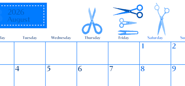2026年8月横型月曜始まり ハサミイラストのおしゃれA4無料ブルーのカレンダー(2026-00900801)