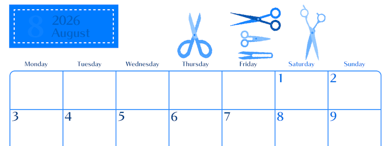 2026年8月横型月曜始まり ハサミイラストのおしゃれA4無料ブルーのカレンダー(2026-00900801)