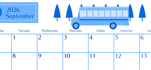 2026年9月横型月曜始まり バスイラストのおしゃれA4無料ブルーのカレンダー(2026-00900901)