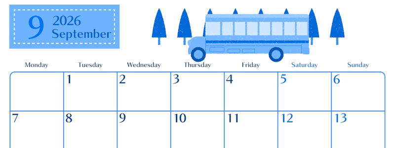 2026年9月横型月曜始まり バスイラストのおしゃれA4無料ブルーのカレンダー(2026-00900901)
