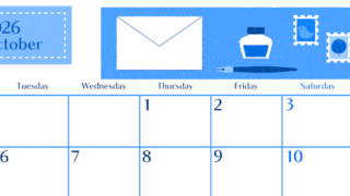 2026年10月横型月曜始まり 手紙イラストのおしゃれA4無料ブルーのカレンダー(2026-00901001)