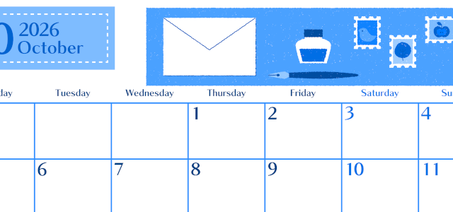2026年10月横型月曜始まり 手紙イラストのおしゃれA4無料ブルーのカレンダー(2026-00901001)