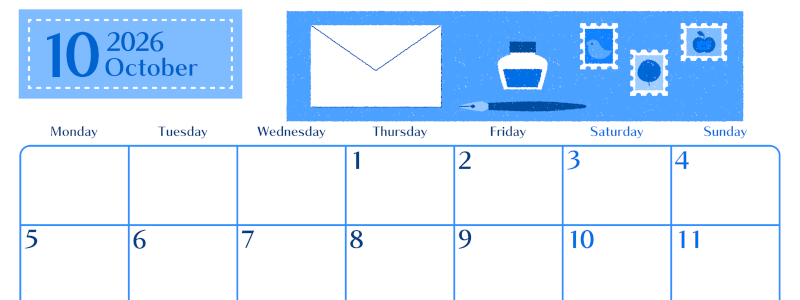 2026年10月横型月曜始まり 手紙イラストのおしゃれA4無料ブルーのカレンダー(2026-00901001)