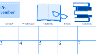 2026年11月横型月曜始まり 読書イラストのおしゃれA4無料ブルーのカレンダー(2026-00901101)