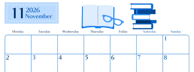 2026年11月横型月曜始まり 読書イラストのおしゃれA4無料ブルーのカレンダー(2026-00901101)