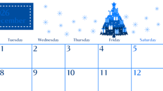 2026年12月横型月曜始まり クリスマスツリーイラストのおしゃれA4無料ブルーのカレンダー(2026-00901201)