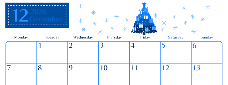 2026年12月横型月曜始まり クリスマスツリーイラストのおしゃれA4無料ブルーのカレンダー(2026-00901201)