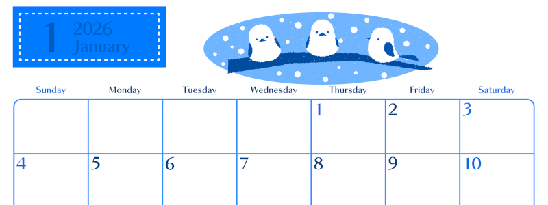 2026年1月横型日曜始まり イラストのおしゃれA4無料ブルーのカレンダー(2026-00900100)