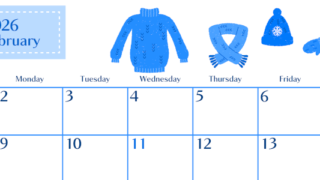 2026年2月横型日曜始まり イラストのおしゃれA4無料ブルーのカレンダー(2026-00900200)