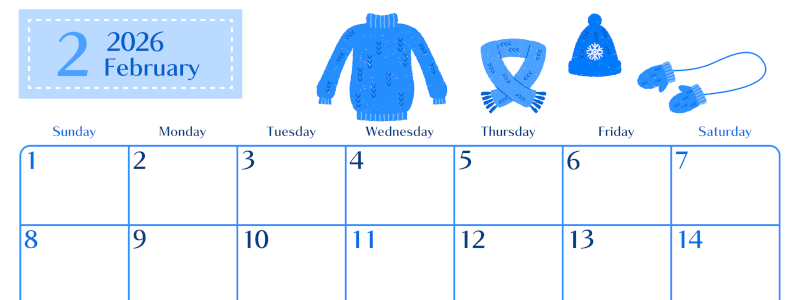 2026年2月横型日曜始まり イラストのおしゃれA4無料ブルーのカレンダー(2026-00900200)