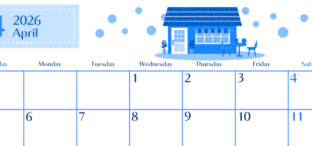2026年4月横型日曜始まり 新生活イラストのおしゃれA4無料ブルーのカレンダー(2026-00900400)