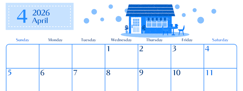 2026年4月横型日曜始まり 新生活イラストのおしゃれA4無料ブルーのカレンダー(2026-00900400)
