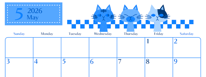 2026年5月横型日曜始まり 猫たちイラストのおしゃれA4無料ブルーのカレンダー(2026-00900500)