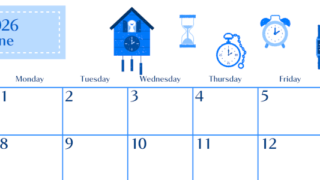 2026年6月横型日曜始まり 時計イラストのおしゃれA4無料ブルーのカレンダー(2026-00900600)