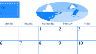 2026年7月横型日曜始まり バカンスイラストのおしゃれA4無料ブルーのカレンダー(2026-00900700)