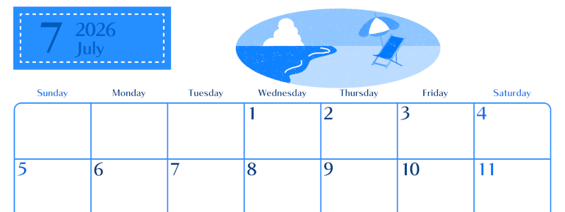 2026年7月横型日曜始まり バカンスイラストのおしゃれA4無料ブルーのカレンダー(2026-00900700)