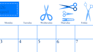 2026年8月横型日曜始まり ハサミイラストのおしゃれA4無料ブルーのカレンダー(2026-00900800)