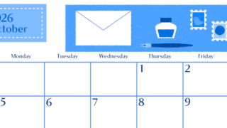 2026年10月横型日曜始まり 手紙イラストのおしゃれA4無料ブルーのカレンダー(2026-00901000)
