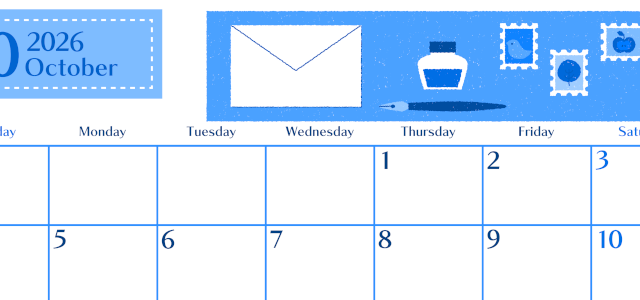 2026年10月横型日曜始まり 手紙イラストのおしゃれA4無料ブルーのカレンダー(2026-00901000)