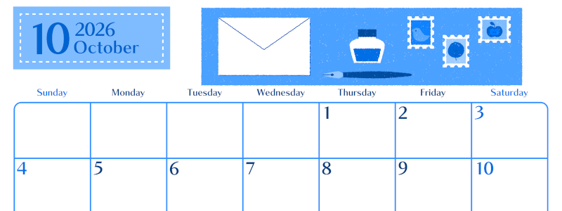 2026年10月横型日曜始まり 手紙イラストのおしゃれA4無料ブルーのカレンダー(2026-00901000)