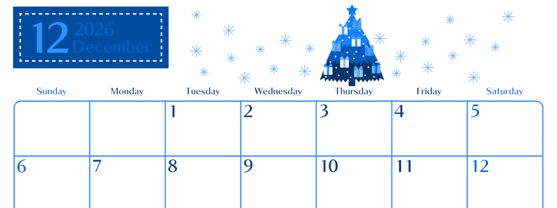 2026年12月横型日曜始まり クリスマスツリーイラストのおしゃれA4無料ブルーのカレンダー(2026-00901200)