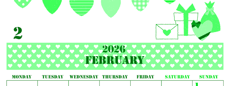 2026年2月縦型月曜始まり ラブレターイラストのかわいいA4無料グリーンのカレンダー(2026-00910211)