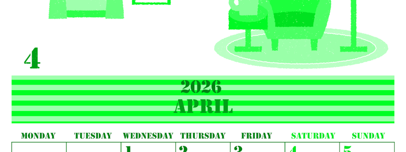 2026年4月縦型月曜始まり 新生活イラストのかわいいA4無料グリーンのカレンダー(2026-00910411)