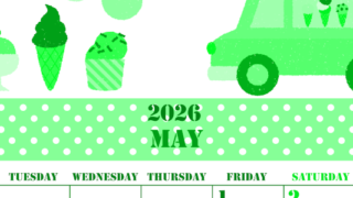 2026年5月縦型月曜始まり アイスクリームのイラストがかわいいA4無料グリーンのカレンダー(2026-00910511)