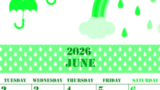 2026年6月縦型月曜始まり 虹イラストのかわいいA4無料グリーンのカレンダー(2026-00910611)