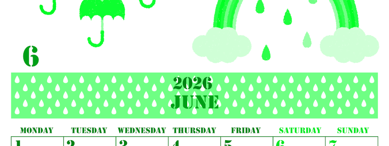 2026年6月縦型月曜始まり 虹イラストのかわいいA4無料グリーンのカレンダー(2026-00910611)