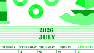 2026年7月縦型月曜始まり マリンなイラストのかわいいA4無料グリーンのカレンダー(2026-00910711)