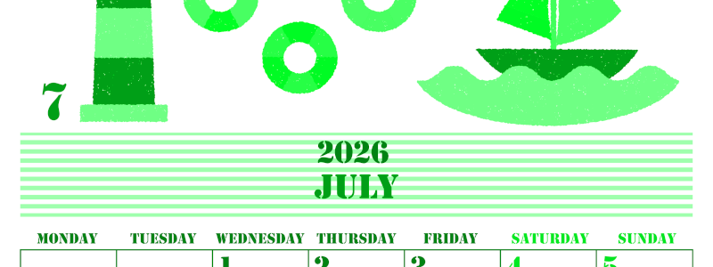 2026年7月縦型月曜始まり マリンなイラストのかわいいA4無料グリーンのカレンダー(2026-00910711)
