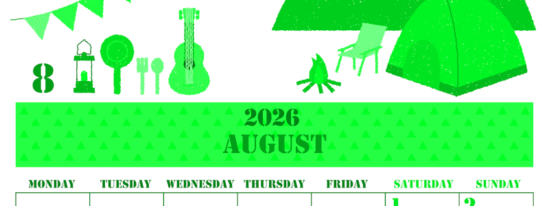 2026年8月縦型月曜始まり 夏休みイラストのかわいいA4無料グリーンのカレンダー(2026-00910811)