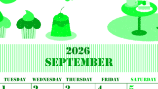 2026年9月縦型月曜始まり 食欲の秋イラストのかわいいA4無料グリーンのカレンダー(2026-00910911)